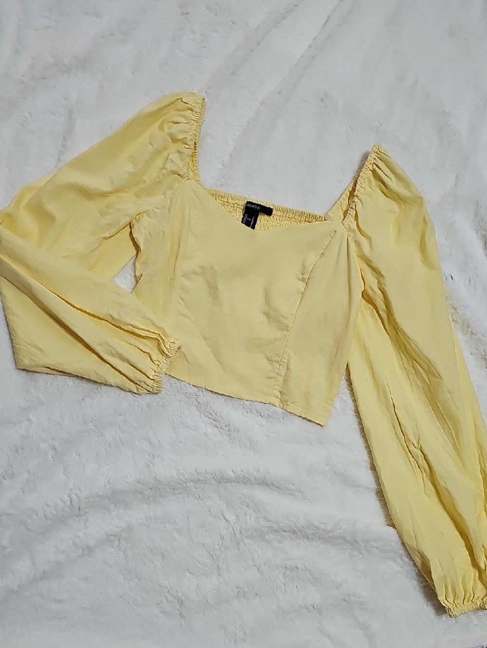 Forever 21 Yellow Square-Neck Puff Sleeve Crop Top